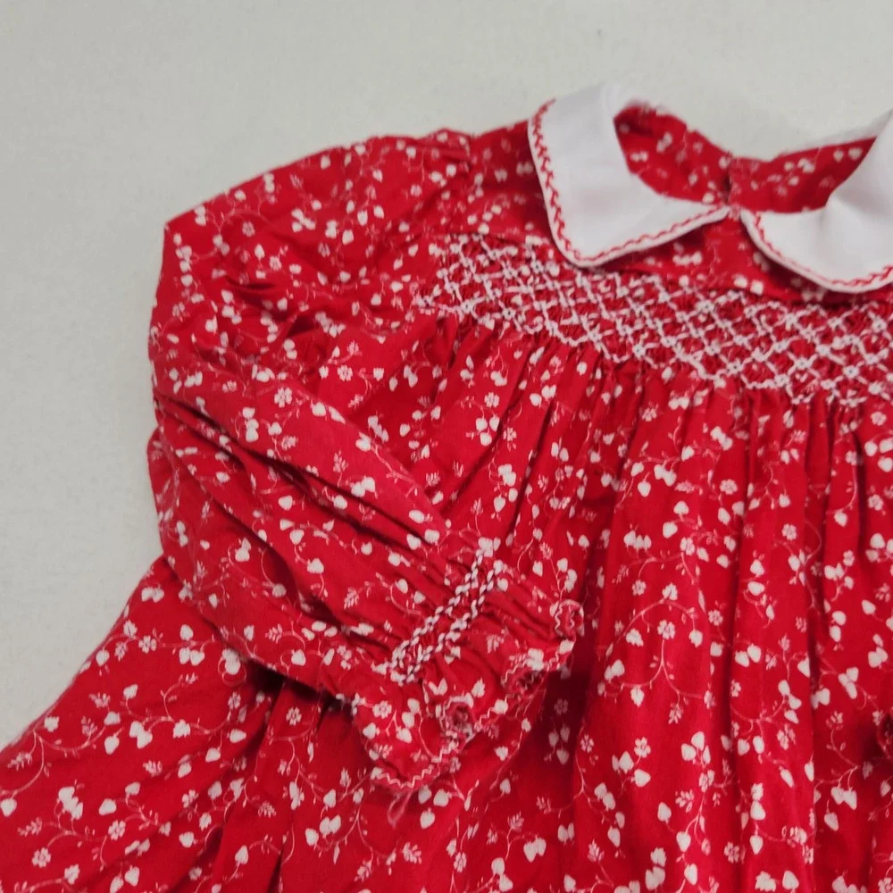 Vintage Handmade Red White Floral Smocked Dress Peter Pan Collar Toddler